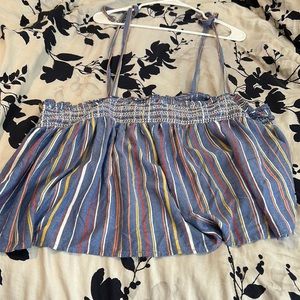 Blue/Purple with red, orange,white, and mustard yellow strips Cropped Tank Top